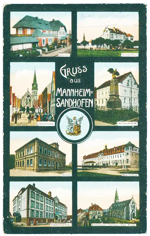 Historische Postkarte "Grüße aus Sandhofen" mit alten Motiven des Stadtteils